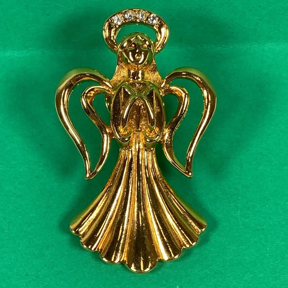 Vtg Christmas Angel Brooch Holiday Pin sparkling jeweled halo on goldtone metal - Picture 2 of 5